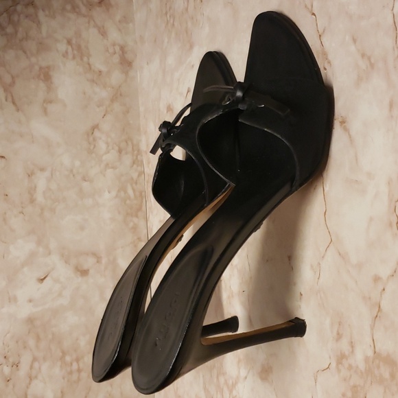 Gucci black canvas monogram open toe with bow mules high heel stiletto size 8.5 - Picture 3 of 9